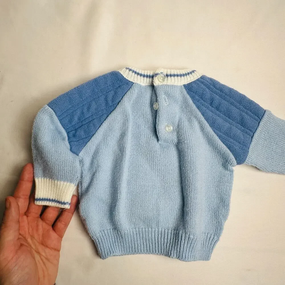 Vintage Story Book Teddy Bears Sweater Blue Knit 2pc Set Outfit Sz 3 mo